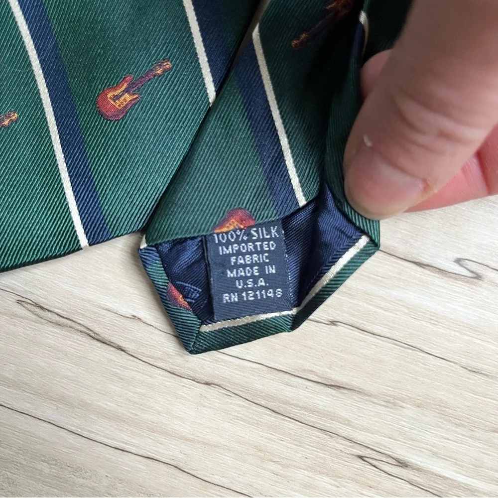 Tommy Hilfiger 100% silk Green Tie with Red and White Stripes and guitars